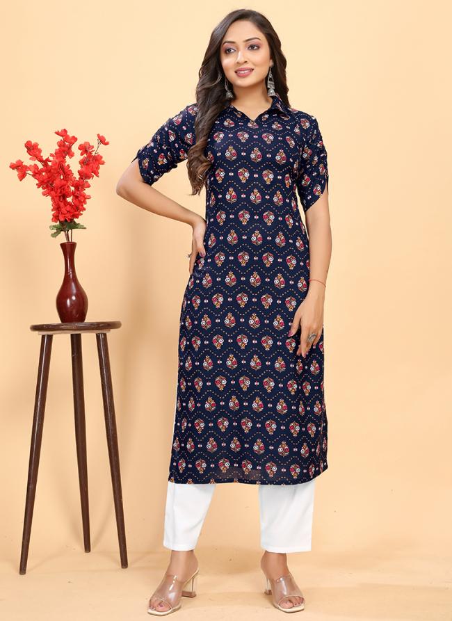 Rayon Blue Casual Wear Printed Readymade Kurta WIth Pant